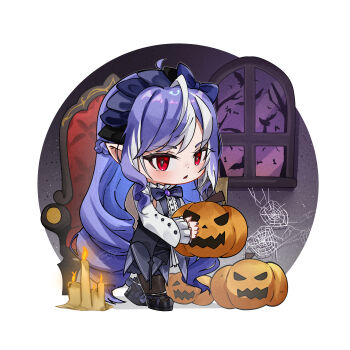 1girl absurdres ahoge bat_(animal) bird black_shoes border bow bowtie candle center_frills chair chibi chibi_only commentary cosmicveil drill_hair english_commentary frills full_body gem hairband highres holding holding_pumpkin indoors looking_at_viewer open_mouth pointy_ears pumpkin purple_bow purple_bowtie purple_gemstone purple_hair purple_hairband round_border shoes shrug_(clothing) silk solo spider_web vivian_banshee white_background white_shrug window zenless_zone_zero