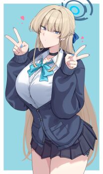 1girl absurdres ant_k blonde_hair blue_archive blue_background blue_eyes blue_jacket blue_skirt blush border bow bowtie braid breasts choker collared_shirt commentary halo highres jacket large_breasts long_hair long_sleeves looking_at_viewer shirt skirt solo symbol-only_commentary thighs toki_(blue_archive) toki_(school_uniform)_(blue_archive) variant_set very_long_hair white_border white_shirt