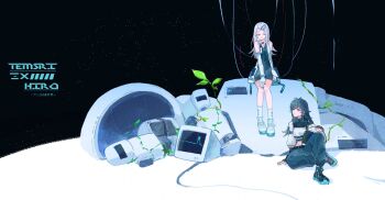 2girls antenna_hair arm_support baggy_pants black_dress black_gloves black_shirt black_shoes black_sky cable character_name closed_mouth cropped_shirt dress elbow_gloves fingerless_gloves flipped_hair gakuen_idolmaster gloves green_eyes green_hair grey_hair hair_flaps hair_ornament hairclip helmet highres holding holding_unworn_helmet idolmaster knee_up long_hair long_sleeves looking_at_another looking_down looking_up monitor multicolored_shirt multiple_girls orange_eyes pants parallel_hairclips puffy_long_sleeves puffy_sleeves rakugakipurin robot science_fiction shinosawa_hiro shirt shoes short_dress sitting sky sleeveless sleeveless_dress smile sneakers socks space_helmet star_(sky) starry_sky swept_bangs tsukimura_temari two-tone_dress unworn_headwear unworn_helmet white_dress white_gloves white_shirt white_shoes white_socks