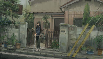 Rule 34 | 1girl, absurdres, black eyes, black hair, black pants, blue sweater, blush stickers, closed mouth, closed umbrella, commentary request, day, door, drain (object), fence, hand up, highres, holding, holding umbrella, house, katakai, long hair, long sleeves, original, outdoors, pants, pink shoes, plant, potted plant, power lines, profile, shoes, sky, sneakers, solo, standing, stone wall, sweater, transparent, transparent umbrella, tree, umbrella, window, wooden fence