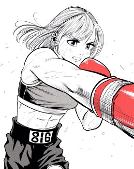 1girl abs boxing_gloves boxing_shorts breasts commentary_request flying_sweatdrops foreshortening gloves greyscale highres lee_(dragon_garou) medium_breasts medium_hair midriff monochrome motion_lines mouth_guard original punching red_gloves shorts solo sports_bra spot_color sweat upper_body v-shaped_eyebrows