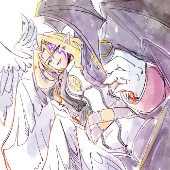 1boy 96uni69 asymmetrical_wings black_vest blonde_hair blue_eyes bodysuit cowboy_shot demon_wings digimon digimon_(creature) facial_mark feathered_wings highres lucemon_falldown_mode male_focus pointy_ears simple_background solo vest white_background white_wings wings