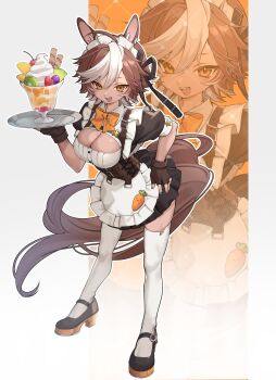 1girl absurdres ahoge alternate_costume animal_ears apron black_dress black_shoes blue_nails bow breasts brown_eyes brown_fur brown_gloves brown_hair cleavage commentary commission dress english_commentary fingerless_gloves food full_body gloves highres horse_ears horse_girl horse_tail large_breasts leaning_forward looking_at_viewer maid maid_apron maid_headdress mizuto_aya multicolored_hair multicolored_nails open_mouth orange_bow parfait pink_nails second-party_source shoes short_sleeves skeb_commission smile socks solo standing tail tomoe_umari tray v-dere virtual_youtuber waist_apron white_apron white_hair white_socks