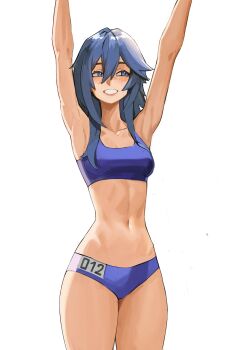 Rule 34 | 1girl, absurdres, armpits, blue eyes, blue hair, blush, breasts, fire emblem, fire emblem awakening, grin, hair between eyes, highres, long hair, looking at viewer, lucina (fire emblem), medium breasts, navel, nintendo, simple background, smile, solo, sportswear, tefi blum, white background