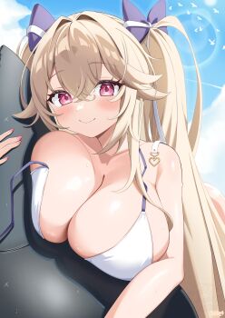 1girl absurdres anchorage_(azur_lane) anchorage_(dolphins_and_swim_lessons)_(azur_lane) azur_lane bikini blonde_hair blue_bow blush bow breast_press breasts closed_mouth commentary_request crossed_bangs elegant_(sumisumi4268) hair_between_eyes hair_bow highres huge_breasts inflatable_toy long_hair looking_at_viewer pink_eyes pink_nails smile solo swimsuit twintails wardrobe_malfunction wet white_bikini