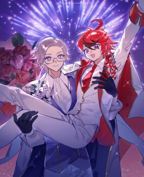 2boys :d aerial_fireworks ahoge aotsuki_eito black_gloves black_streaks blue_eyes bouquet candle_cake_242 carrying carrying_person commentary english_commentary fireworks flower formal_clothes glasses gloves grey_hair highres holding holding_bouquet implied_yaoi jacket looking_at_viewer male_focus multicolored_hair multiple_boys necktie official_alternate_costume open_mouth pants princess_carry purple_background purple_eyes purple_vest red_hair red_necktie ringed_eyes shirt short_hair smile streaked_hair suit sumino_takumi the_hundred_line_-last_defense_academy- twitter_username two-tone_hair vest white_jacket white_pants white_shirt white_vest