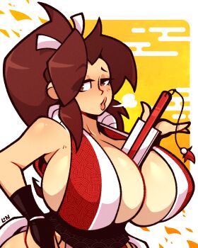 1girl 2024 artist_name bare_shoulders between_breasts black_gloves breasts brown_eyes brown_hair capcom cleavage collarbone commentary crossover curvy english_commentary fatal_fury female_focus fingerless_gloves gloves hairdressing half-closed_eyes hand_fan highres huge_breasts japanese_clothes legendofnerd lips ninja parted_bangs ponytail puckered_lips revealing_clothes sash shiranui_mai simple_background snk solo street_fighter street_fighter_6 the_king_of_fighters thick_thighs thighs two-tone_background upper_body white_background white_sash yellow_background