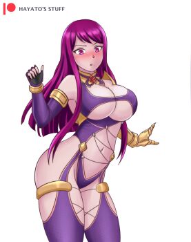 Rule 34 | 1girl, alternate costume, breasts, cleavage, cosplay, crossover, elbow gloves, embarrassed, female focus, fire emblem, fire emblem engage, gauntlets, gloves, hayato stuff, highres, isabella valentine, isabella valentine (cosplay), ivy (fire emblem), large breasts, long hair, matching hair/eyes, name connection, nintendo, patreon logo, patreon username, purple eyes, purple hair, revealing clothes, single elbow glove, single gauntlet, solo, soul calibur, underboob