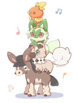 animal_focus blue_eyes brown_fur closed_mouth commentary_request dog donkey gen_3_pokemon gen_7_pokemon green_fur horizontal_pupils kana_(maple926) mudbray musical_note nintendo no_humans pokemon pokemon_(creature) red_eyes rockruff simple_background smile snout sprigatito tail torchic town_musicians_of_bremen white_background