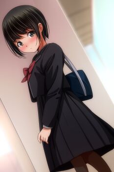 1girl absurdres bag black_eyes black_hair black_pantyhose black_sailor_collar black_serafuku black_shirt black_skirt blurry blurry_background blush breasts closed_mouth commentary_request day dot_mouth highres long_sleeves looking_at_viewer matsunaga_kouyou original outdoors pantyhose sailor_collar school_bag school_uniform serafuku shirt short_hair sidelocks skirt small_breasts solo standing