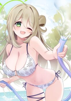1girl absurdres alternate_costume bikini blonde_hair blue_archive blush breasts commentary_request cowboy_shot green_eyes hair_bun highres holding holding_hose hose large_breasts long_hair looking_at_viewer nifuji nonomi_(blue_archive) one_eye_closed open_mouth plant_print side-tie_bikini_bottom single_side_bun smile solo spraying swimsuit white_bikini