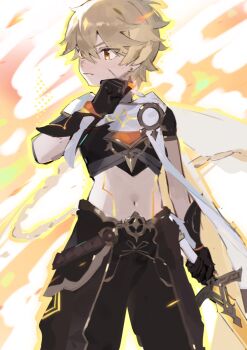 1boy aether_(genshin_impact) ahoge arm_armor armor artist_name baggy_pants belt black_gloves black_shirt blonde_hair braid brown_belt brown_eyes brown_pants chinese_commentary clenched_hand closed_mouth commentary_request cowboy_shot earrings fiery_background fire floating_clothes genshin_impact gloves gold_trim hair_between_eyes hand_up highres holding holding_sword holding_weapon injury jewelry judyfang5 long_hair looking_to_the_side low-braided_long_hair low-tied_long_hair male_focus midriff navel pants scar scar_on_face scarf shirt short_sleeves shoulder_armor single_braid single_earring solo standing star_(symbol) sword v-shaped_eyebrows weapon white_background white_scarf