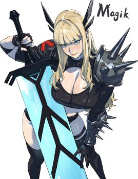 Rule 34 | 1girl, absurdres, armor, asymmetrical gloves, black gloves, blonde hair, blunt bangs, breasts, character name, cleavage, cleavage cutout, clothing cutout, commentary, crop top, fingerless gloves, gloves, highres, holding, holding sword, holding weapon, huge breasts, huge weapon, long hair, looking at viewer, magik (x-men), marvel, new mutants, pauldrons, short shorts, shorts, shoulder armor, single arm guard, solo, spiked pauldrons, spikes, sword, taiyang yu, weapon, x-men