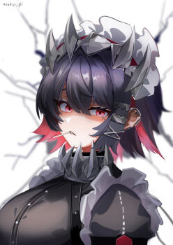 Rule 34 | 1girl, angry, azuki pii, black hair, candy, colored inner hair, commentary request, ellen joe, food, hairband, highres, lollipop, lollipop in mouth, looking at viewer, metal hairband, mole, mole under eye, multicolored hair, razor blade hair ornament, red eyes, short hair, solo, spiked headband, zenless zone zero