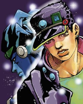 1boy 1other araki_hirohiko_(style) ark_nemesis baseball_cap blue_hair blue_skin brown_eyes colored_skin commentary earrings from_side gakuran green_shirt hat hatching_(texture) high_collar highres jewelry jojo_no_kimyou_na_bouken kuujou_joutarou looking_at_viewer male_focus multicolored_skin parted_lips purple_background purple_hair purple_hat school_uniform shirt sparkle stand_(jojo) star_platinum stardust_crusaders teeth