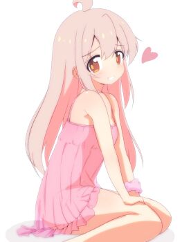1girl ahoge babydoll bare_arms bare_legs bare_shoulders breasts brown_eyes commentary frills from_side grin hair_between_eyes hands_on_own_knees heart highres long_hair onii-chan_wa_oshimai! oyama_mahiro pink_babydoll pink_hair pink_scrunchie scrunchie simple_background sitting small_breasts smile solo unkimo wariza white_background wrist_scrunchie