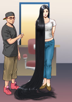 1boy 1girl absurdly_long_hair absurdres arms_behind_back black_hair blue_pants commentary_request full_body highres light_smile long_hair original pale_skin pants rebirthkamisennin shirt short_sleeves smile very_long_hair white_shirt