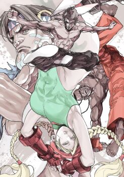 1girl 3boys abs absurdres black_hair blonde_hair blue_eyes braid cammy_white capoeira collage commentary_request dark_skin deejay fei_long flats flying_kick headband headdress highres kicking leotard multiple_boys muscular native_american native_american_headdress topless_male street_fighter street_fighter_ii_(series) thong_leotard thunder_hawk twin_braids twintails upside-down very_dark_skin yoshihara_motoki