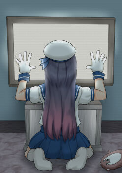 1girl black_hair bokukawauso commentary_request from_behind gloves gradient_background hat highres kantai_collection long_hair matsuwa_(kancolle) purple_hair sailor_hat school_uniform serafuku sitting socks solo static stuffed_toy takasugi_heppu television wariza white_gloves white_socks