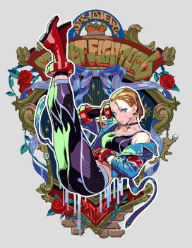 1girl 2023 ahoge armored_gloves ass backlighting black_socks blonde_hair blue_eyes boots brick_wall cammy_white capcom cat_ornament choker crossed_legs crown dripping floral_print flower gloves honeycomb_(pattern) jacket jacket_partially_removed legs_up midriff mitachisato pants pearl red_gloves ribbon rose rose_print scar scar_on_face scroll short_hair socks sports_bra sportswear strap street_fighter street_fighter_6 studded_jacket thorns yoga_pants zipper