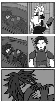 3boys armor belt black_gloves black_hair black_jacket black_pantyhose black_shirt book border closed_eyes coffin crisis_core_final_fantasy_vii crossed_arms final_fantasy final_fantasy_vii furrowed_brow gloves greyscale headband highres holding holding_book jacket library long_hair male_focus monochrome multiple_boys pantyhose parted_bangs parted_lips pauldrons reading s_m_man sephiroth shirt short_hair shoulder_armor sleeping sleeveless sleeveless_turtleneck suspenders turtleneck vincent_valentine weapon weapon_on_back white_border zack_fair