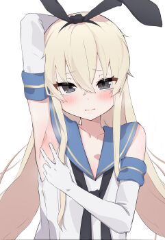 1girl arm_behind_head arm_up armpit_focus armpits black_neckerchief blonde_hair blue_sailor_collar blush elbow_gloves gloves hairband highres kantai_collection long_hair looking_at_viewer neckerchief panda060 presenting_armpit sailor_collar shimakaze_(kancolle) simple_background solo spread_armpit striped_clothes white_background white_gloves