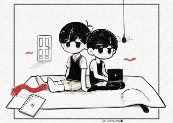 2boys antenna_hair arm_support artist_name black_eyes black_hair black_sweater_vest black_tank_top black_thighhighs blush brown_shorts cat chibi chibi_only closed_mouth collared_shirt colored_skin commentary_request computer door double-parted_bangs dual_persona hair_between_eyes highres laptop light_bulb male_focus mewo multiple_boys omori omori_(omori) rug shirotsume_143 shirt short_sleeves shorts sitting sketchbook socks striped_clothes striped_shorts sunny_(omori) sweater_vest tank_top thighhighs vertical-striped_clothes vertical-striped_shorts wariza white_shirt white_shorts white_skin white_socks