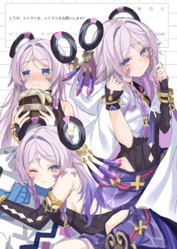 1girl :&lt; armlet bare_shoulders beer_mug black_leotard blue_eyes blunt_tresses blush braid breasts citlali_(genshin_impact) cloak closed_mouth commentary_request cup drunk facial_mark floating_headgear forehead_mark genshin_impact hair_intakes headgear highres holding holding_cup hood hood_down hooded_cloak jewelry kuramoto_beta-carotene leotard long_hair looking_at_viewer low_twin_braids medium_breasts mug multicolored_hair multiple_views no_pupils odaibako one_eye_closed purple_hair purple_pupils purple_sarong request_inset sarong streaked_hair tankard translation_request triangle triangle_facial_mark twin_braids white_cloak