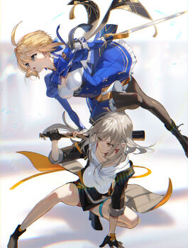 Rule 34 | 2girls, ahoge, artoria pendragon (fate), baseball bat, black boots, black coat, black gloves, black pantyhose, black skirt, blonde hair, blue dress, boots, breasts, cleavage, closed mouth, coat, dress, fate/stay night, fate/unlimited blade works, fate (series), gloves, green eyes, grey hair, holding, holding baseball bat, holding sword, holding weapon, honkai: star rail, honkai (series), long hair, long sleeves, looking to the side, multiple girls, open clothes, open coat, open mouth, pantyhose, saber (fate), saber (honkai: star rail) (fate), scottie (phantom2), shirt, skirt, stelle (honkai: star rail), sword, thigh strap, trailblazer (honkai: star rail), weapon, white shirt, yellow eyes