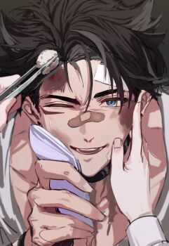 1boy absurdres bandaid bandaid_on_face bandaid_on_nose black_hair blue_eyes bruise collarbone dodogen_0 gauze genshin_impact grey_hair hand_on_another's_face hashtag-only_commentary highres holding holding_towel holding_tweezers injury looking_at_viewer male_focus multicolored_hair one_eye_closed parted_hair scar scar_on_chest shirt smile solo_focus streaked_hair teeth towel tweezers white_shirt wriothesley_(genshin_impact)