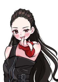 Rule 34 | 1girl, blackpink, blush, brown eyes, brown hair, commentary, fingernails, gloves, half updo, highres, jennie (blackpink), long fingernails, long hair, looking at viewer, mole, open mouth, red gloves, samarundao, simple background, smile, solo, upper body, white background