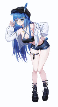 1girl :3 absurdres adjusting_eyewear armpits bare_shoulders baseball_cap belt black_belt black_choker black_hat black_shoes blue_eyes blue_hair blue_nails blunt_bangs braid breasts character_name choker cleavage closed_mouth collarbone commentary_request criss-cross_halter crop_top cropped_jacket cutoffs denim denim_shorts dintea full_body glasses hair_ornament halterneck hand_on_own_hip hand_up hat hat_feather highres iruni_(meridian_project) jacket jewelry key key_necklace large_breasts leaning_forward legs long_hair long_sleeves looking_at_viewer looking_over_eyewear meridian_project midriff nail_polish navel necklace off_shoulder open_clothes open_jacket platform_shoes round_eyewear shoes short_shorts shorts side_braid sleeves_past_wrists smile solo standing tail thigh_gap thigh_strap thighs torn_clothes torn_shorts very_long_hair virtual_youtuber white_jacket yellow-framed_eyewear