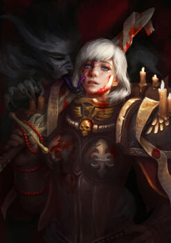 2girls absurdres adepta_sororitas armor blood blood_on_face blood_splatter blue_eyes boobplate breastplate candle colored_skin colored_tongue commentary corruption demon demon_girl english_commentary fleur-de-lis grey_skin highres holding holding_sword holding_weapon long_tongue mismatched_eyebrows multiple_girls nose over_shoulder pauldrons power_armor prehensile_tongue purity_seal purple_tongue realistic short_hair shoulder_armor adepta_sororitas skull slaanesh smoke solo_focus sword tongue tongue_out warhammer_40k weapon weapon_over_shoulder white_hair yangzheyy