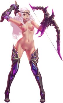 1girl armor arrow_(projectile) artist_request artistic_error blue_eyes bow_(weapon) breasts crystal_maiden_(series) elf full_body game_cg gloves groin highres holding holding_arrow holding_bow_(weapon) holding_weapon ivory_(crystal_maidens) leg_armor navel nipples nude official_art pointy_ears purple_lips pussy quiver solo transparent_background variant_set weapon white_hair