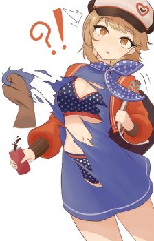 !? 1girl 1other :o ^^^ absurdres backpack bag blue_bra blue_dress blue_neckerchief blue_panties bra breasts brown_hair can cleavage commentary cowboy_shot disembodied_hand dress drink_can english_commentary hat highres holding holding_can holding_strap jacket kahhyui long_sleeves looking_at_viewer medium_breasts navel neckerchief newsboy_cap open_clothes open_jacket orange_eyes panties polka_dot polka_dot_bra polka_dot_neckerchief polka_dot_panties puffy_long_sleeves puffy_sleeves red_jacket regulus_(reverse:1999) reverse:1999 short_dress short_hair solo_focus spilling tearing_clothes torn_clothes torn_dress underwear white_background