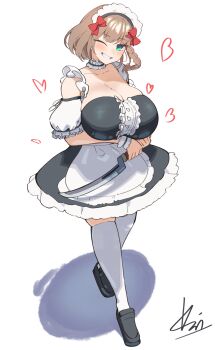 Rule 34 | 1girl, alternate costume, black shoes, bow, braid, breasts, brown hair, center frills, charlotte corday (fate), choker, cleavage, commentary, detached sleeves, enmaided, fate/grand order, fate (series), frilled choker, frills, green eyes, grin, heart, highres, holding, holding knife, huge breasts, knife, looking at viewer, maid, maid headdress, one eye closed, puffy short sleeves, puffy sleeves, red bow, shoes, short sleeves, signature, simple background, smile, solo, thighhighs, vinsycal, white background, white thighhighs