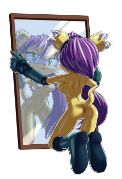 1girl animal_ears animal_nose anus arms_up ass body_fur boots breasts cleft_of_venus earrings elbow_gloves female_focus from_behind furry furry_female gloves green_boots green_eyes green_gloves hair_between_eyes hairband half-closed_eyes jewelry knee_boots kneeling long_hair looking_at_viewer medium_breasts mina_mongoose mirror multiple_earrings navel navel_piercing nipple_piercing nipples open_mouth piercing purple_hair pussy red_hairband reflection rockthebull shiny_skin simple_background solo sonic_(series) sonic_the_hedgehog_(archie_comics) stomach tail thighs white_background yellow_fur