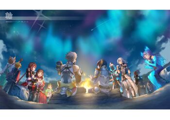 1other 4girls 6+boys addam_origo aegaeon_(xenoblade) android animal_ears arm_support armor armored_boots black_gloves black_hair blonde_hair blue_dress blue_eyes blue_fire blue_hair blue_thighhighs boots brighid_(xenoblade) brown_gloves brown_hair campfire circlet closed_eyes closed_mouth cloud cloudy_sky coat crossed_legs dress elbow_gloves fan_la_norne fire gloves glowing grey_coat grey_hair hagoromo hand_on_own_cheek hand_on_own_face highres hugo_ardanach japanese_armor japanese_clothes jin_(xenoblade) long_hair lora_(xenoblade) mikhail_(xenoblade) milton_(xenoblade) minoth_(xenoblade) mizuki_riko multiple_boys multiple_girls mythra_(xenoblade) night night_sky outdoors pauldrons pointing ponytail red_skirt shawl short_hair short_sleeves shoulder_armor single_pauldron sitting skirt sky star_(sky) starry_sky swept_bangs thighhighs very_long_hair white_dress white_gloves xenoblade_chronicles_(series) xenoblade_chronicles_2 xenoblade_chronicles_2:_torna_-_the_golden_country yellow_eyes