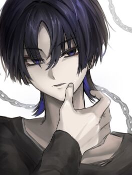 Rule 34 | 1boy, alternate costume, black eyes, black hair, black shirt, casual, chain, contemporary, earrings, empty eyes, eyeshadow, fingernails, genshin impact, hand up, hashtag-only commentary, highres, jewelry, looking at viewer, makeup, male focus, multicolored hair, open hand, parted lips, portrait, purple hair, red eyeshadow, scaramouche (genshin impact), shirt, solo, streaked hair, talking ok, tsurime, white background, wispy bangs