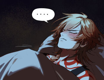 ... 1boy 707kuroyuki black_tank_top blonde_hair blush braid commentary english_commentary facial_tattoo gradient_hair highres honkai:_star_rail honkai_(series) lying male_focus medium_hair multicolored_hair mydei_(honkai:_star_rail) neck_tattoo on_back on_bed red_hair red_tattoo shoulder_tattoo side_braid solo spoken_ellipsis tank_top tattoo yellow_eyes