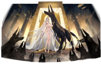 1girl absurdres ancient_egyptian_architecture ancient_egyptian_clothes animal anubis_(mythology) azur_lane bracelet breasts cleavage dog full_body gold_bracelet hagi_(ame_hagi) hand_on_own_face highres holding holding_scythe indoors jackal jewelry large_breasts long_hair looking_at_viewer multiple_dogs navel non-web_source official_alternate_costume official_art parted_lips purple_eyes revealing_clothes sandals scylla_(a_maid's_judgment)_(azur_lane) scylla_(azur_lane) scythe smile solo thighs usekh_collar very_long_hair white_hair yellow_sandals