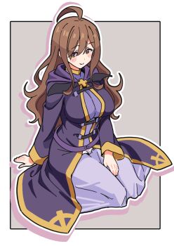 1girl ahoge blush_stickers border breasts brown_eyes brown_hair commentary full_body grey_background hair_between_eyes kono_subarashii_sekai_ni_shukufuku_wo! large_breasts long_hair long_sleeves looking_at_viewer noyama_takenoko outline outside_border purple_robe robe simple_background sitting smile solo white_border white_outline wiz_(konosuba)