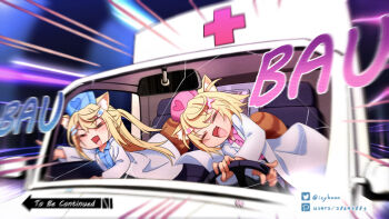 2girls =_= ahoge alternate_costume ambulance animal_ear_fluff animal_ears artist_name blonde_hair blue_shirt closed_eyes coat collared_shirt cross doctor dofus_(icyboon) dog_ears dog_girl driving english_text eyelashes fang fuwawa_abyssgard hair_ornament hairclip hat highres hololive hololive_english hololive_grand_theft_auto jojo_no_kimyou_na_bouken lab_coat long_hair mococo_abyssgard motor_vehicle multiple_girls nurse_cap pink_shirt pixiv_id pixiv_logo pointing ponytail raccoon_tail shirt short_hair siblings side-view_mirror sisters steering_wheel tail to_be_continued twins twitter_logo twitter_username virtual_youtuber white_coat