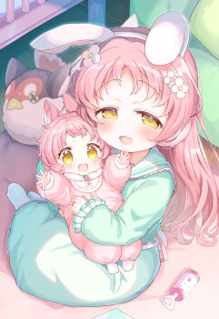 2girls :d animal_ears baby blue_dress carrying carrying_baby carrying_person child commentary_request commission dress earmuffs fake_animal_ears flower frilled_sleeves frills hair_flower hair_ornament jewelry long_hair long_sleeves looking_at_viewer mimi_(princess_connect!) multiple_girls no_shoes open_mouth outstretched_arms parted_bangs pink_hair pink_romper princess_connect! rabbit_ears rattle reaching reaching_towards_viewer ring romper skeb_commission smile socks stuffed_animal stuffed_toy white_socks yellow_eyes yinpa_(wanone500511)