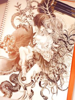 Rule 34 | 1boy, 1girl, art tools in frame, asymmetrical wings, aya carmine, breasts, cigarette, clothes pull, collarbone, collared shirt, hair between eyes, halo, hand on another's neck, hand on another's thigh, highres, hitomi hirosuke (sayonara wo oshiete), jacket, leaf, leaf wings, long hair, millipen (medium), mismatched wings, monochrome, mouth hold, necktie, nipples, parted lips, pen (medium), photo (medium), pleated skirt, sayonara wo oshiete, shirt, shirt partially removed, shirt pull, shoes, short hair, skirt, smoking, snake, socks, suction cups, sugamo mutsuki, tendril, tentacles, traditional media, uwabaki, very long hair, wings