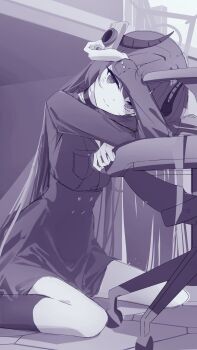 1girl absurdres black_choker blue_archive blush camera chair chiaki_(blue_archive) choker commentary_request demon_horns greyscale hair_between_eyes halo head_tilt highres holding holding_camera horns leaning_on_object long_hair long_sleeves looking_at_viewer monochrome office_chair s_panda_k shirt sitting skirt smile socks solo swivel_chair table wariza