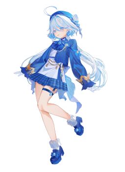 Rule 34 | 1girl, absurdres, alternate costume, blue hat, blue jacket, blue shoes, blue skirt, blver, commentary request, cowlick, full body, furina (genshin impact), genshin impact, gloves, grey hair, hat, high heels, highres, jacket, long hair, multicolored hair, plaid clothes, plaid skirt, shoes, simple background, skirt, socks, solo, streaked hair, tongue, tongue out, wavy hair, white background, white gloves, white socks
