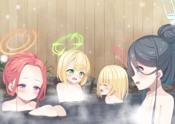 4girls :d :o ^_^ aris_(blue_archive) black_hair blonde_hair blue_archive blue_eyes blush closed_eyes collarbone commentary_request forehead game_development_department_(blue_archive) green_eyes hair_bun halo highres knees_up kyado_(amaterasu) loli midori_(blue_archive) momoi_(blue_archive) multiple_girls nude onsen open_mouth parted_lips partially_submerged power_symbol purple_eyes red_hair ripples siblings sisters smile snowing twins water wavy_mouth yuzu_(blue_archive)