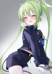 Rule 34 | 1girl, armband, belt, black jacket, black shorts, blue archive, blue armband, bound, bound wrists, commentary request, cropped jacket, cuffs, demon tail, fang, fukemachi, gloves, green hair, green halo, halo, handcuffs, highres, jacket, long hair, long sleeves, nozomi (blue archive), open mouth, pantyhose, pointy ears, short shorts, shorts, simple background, skin fang, sweat, tail, tears, twintails, white gloves, white pantyhose, yellow eyes