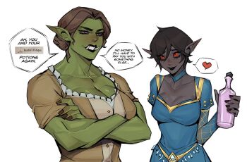 2girls black_hair blue_dress breasts brown_hair choker cleavage colored_skin crossed_arms dark_elf dress dunmer elf english_text game_screenshot_inset green_skin grey_skin heart highres large_breasts multiple_girls muscular muscular_female orc pointy_ears potion purple_eyes red_eyes short_hair smile the_elder_scrolls the_elder_scrolls_iv:_oblivion tusks white_background ykshelter yuri